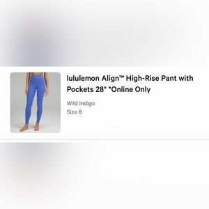 Lululemon Align High-Rise Leggings 28” w/ Pockets Wild Indigo Size 8